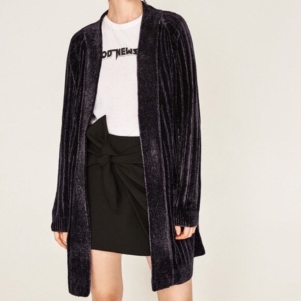 ZARA Chenille Ribbed Open Front Black Long Cardigan Size S